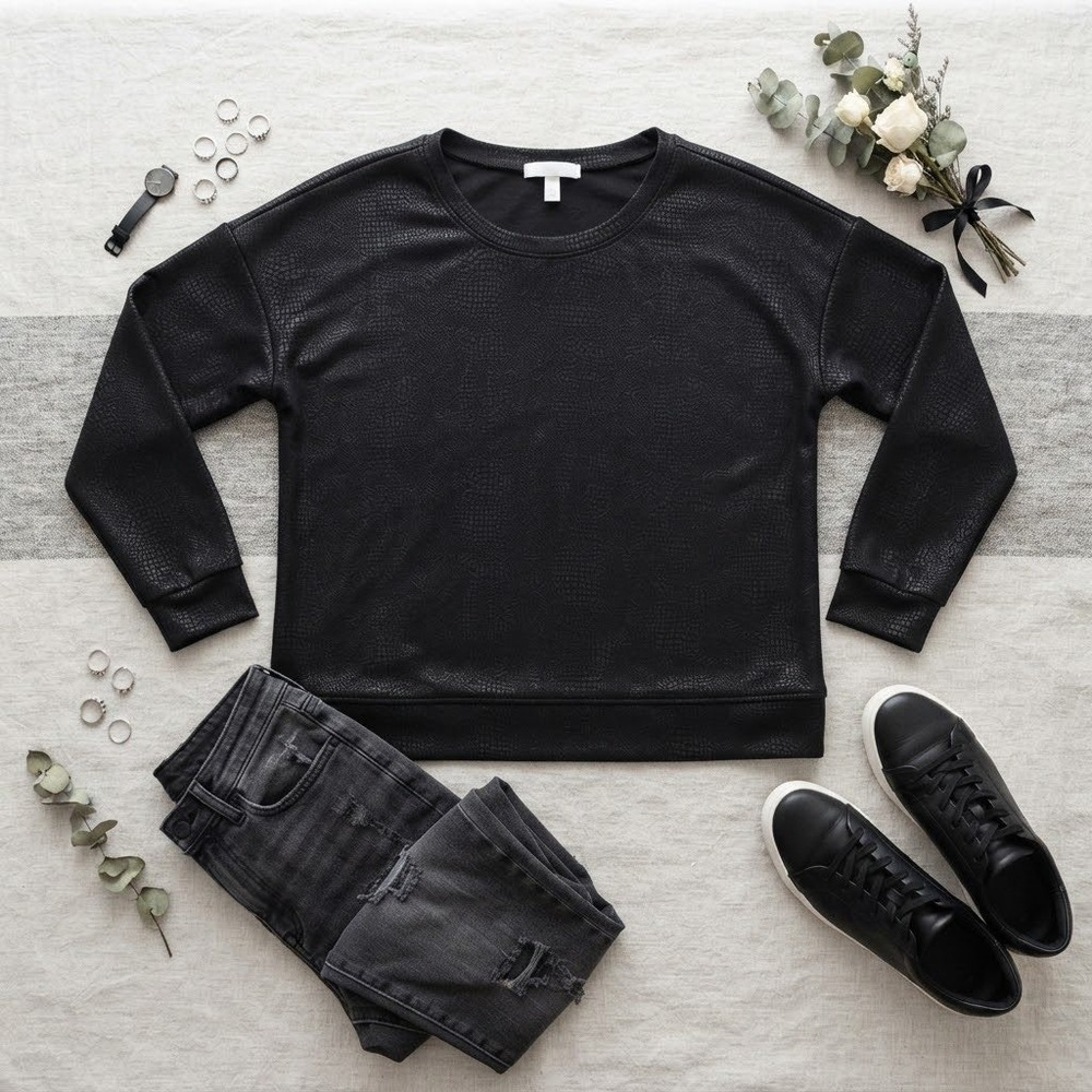 Cable & Gauge Womens Black Snakeskin Embossed Crewneck Sweatshirt Large
